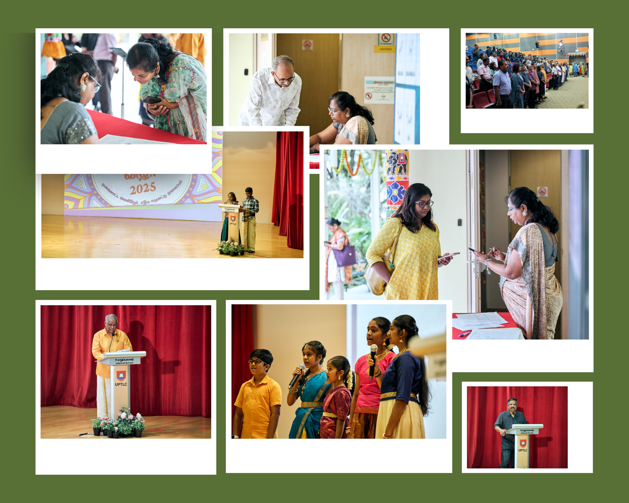Collage of event photos: registration desk, speakers on stage with red curtains, group singing, audience standing.